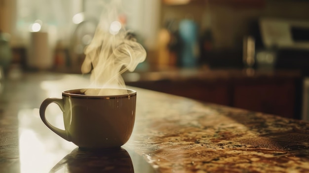 A closeup of a steaming cup of coffee on a kitchen counter evoking warmth and comfort