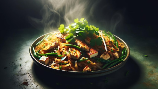 Closeup of a steaming plate of Chicken Pad Thai