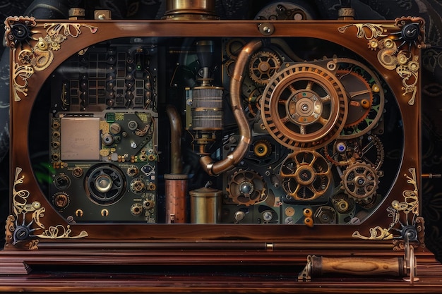 Photo a closeup of a steampunkinspired computer with intricate gears and cogs a steampunkinspired computer featuring gears cogs and brass embellishments