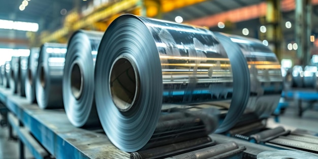 Closeup of steel rolls on conveyor belts in a brightly lit industrial manufacturing plant showcasing machinery and production process