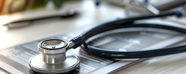 Photo closeup of a stethoscope resting on a doctors desk symbolizing medical expertise and care