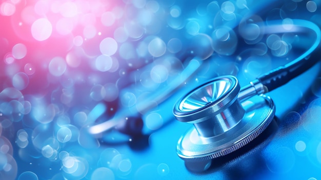 Closeup of a Stethoscope with a Blue and Pink Bokeh Background