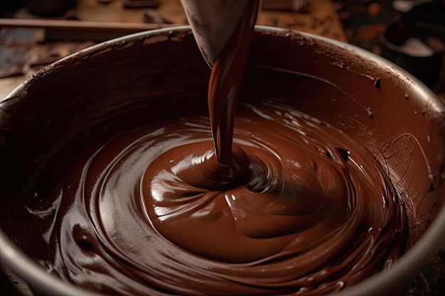 Closeup of stirring chocolate mixture creating a smooth texture