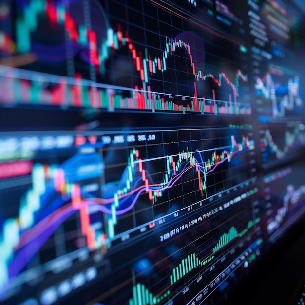 Photo closeup of stock market data on multiple computer screens financial analysis investment