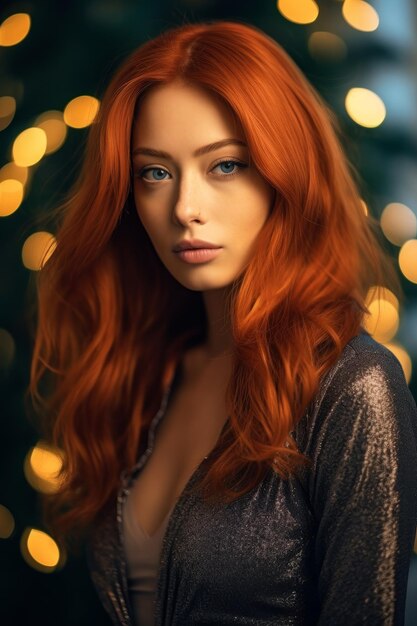 A closeup stock photo of asian woman with red hair and orange jacket