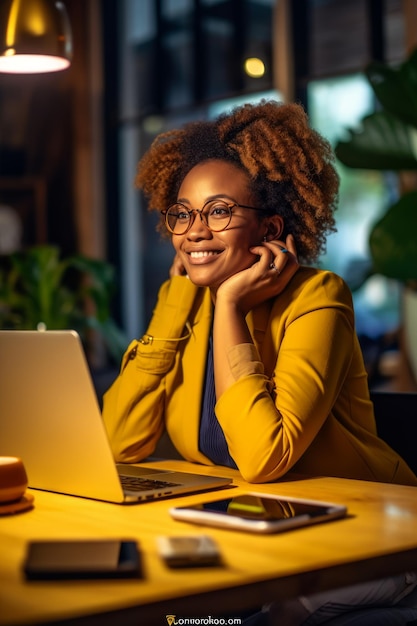 A closeup stock photo of asmart business woman talking using phone and laptop