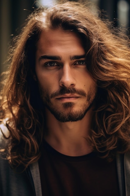 A closeup stock photo of a beautiful man posing with long hair