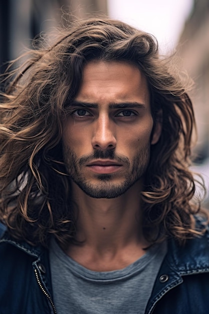 A closeup stock photo of a beautiful man posing with long hair