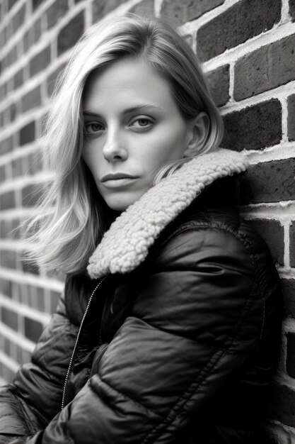 A closeup stock photo of a black and white photo of a woman leaning against brick wall