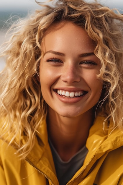 A closeup stock photo of a blonde woman smiling on a beach wearing a yellow