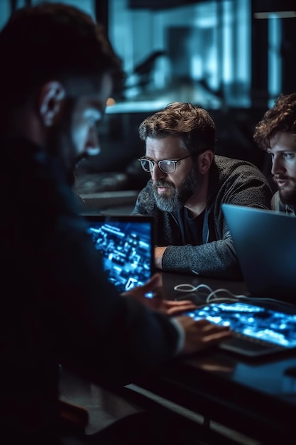 A closeup stock photo of a businessmen discussing a laptop while sitting on a glass table