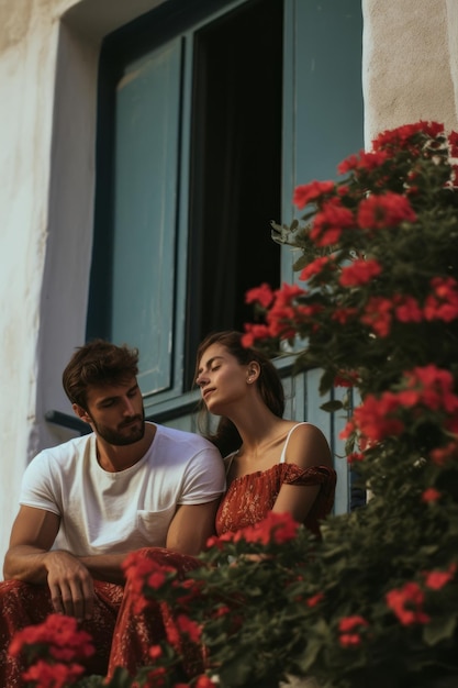 A closeup stock photo of couple sitting with flowers in front of the house