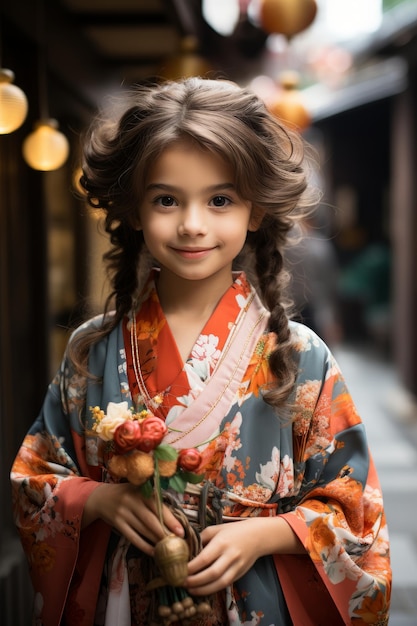 A closeup stock photo of a a girl dressed in a traditional yokohama outfit poses for the camera