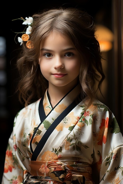 A closeup stock photo of a a girl in traditional kimono