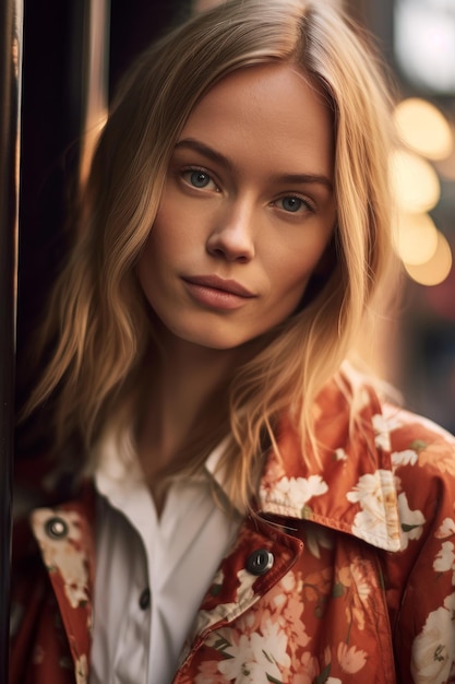 A closeup stock photo of a girl wearing a floral trench coat and white top