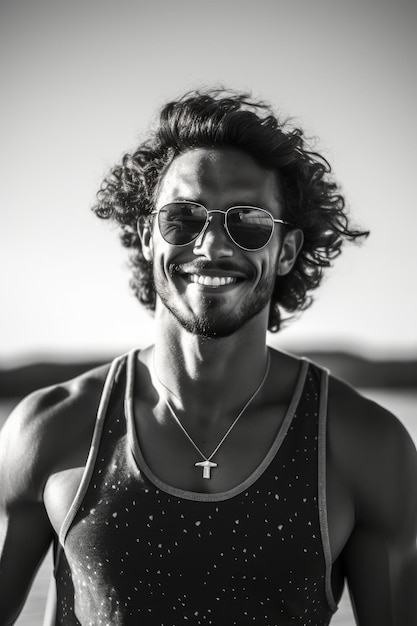 A closeup stock photo of happy cute young man in tank top with sunglasses near river and lake