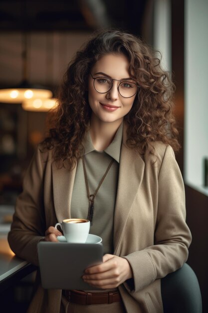 A closeup stock photo of a happy woman holding laptop and coffee