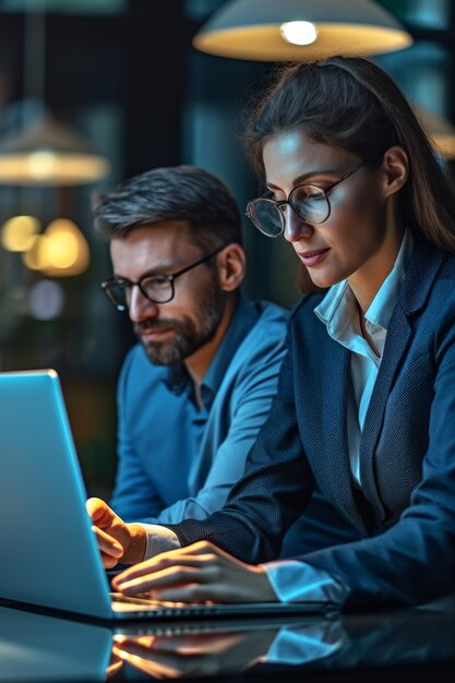 A closeup stock photo of a an image of two smart business people sitting together