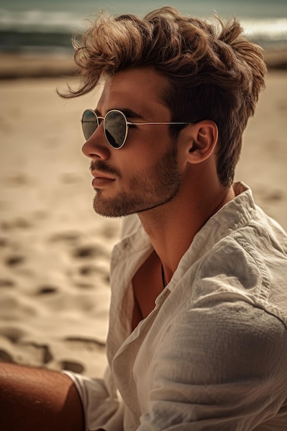 A closeup stock photo of a man in a shirt and sunglasses sitting with his back to the sand