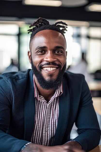 A closeup stock photo of a a man smiling while sitting at a desk