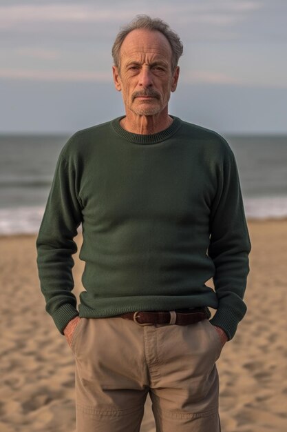 A closeup stock photo of a man standing on the beach in sweater and khaki shorts