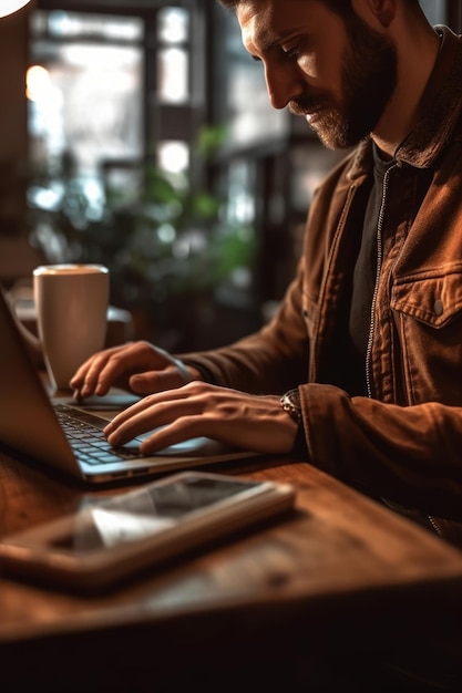 A closeup stock photo of a a man uses his laptop