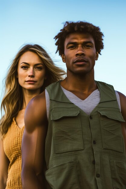 A closeup stock photo of a man walks with his girlfriend in a green tank top