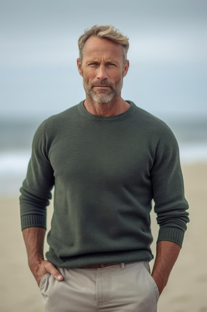 A closeup stock photo of a man with khaki shorts and a green sweater is standing on the beach