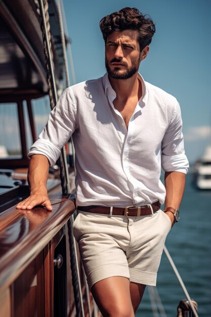 A closeup stock photo of a men in summer white shirt and shorts on a boat