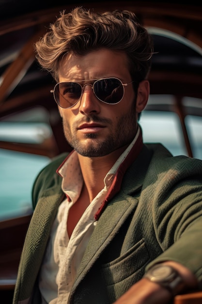 A closeup stock photo of a men in sunglasses is posing on a boat