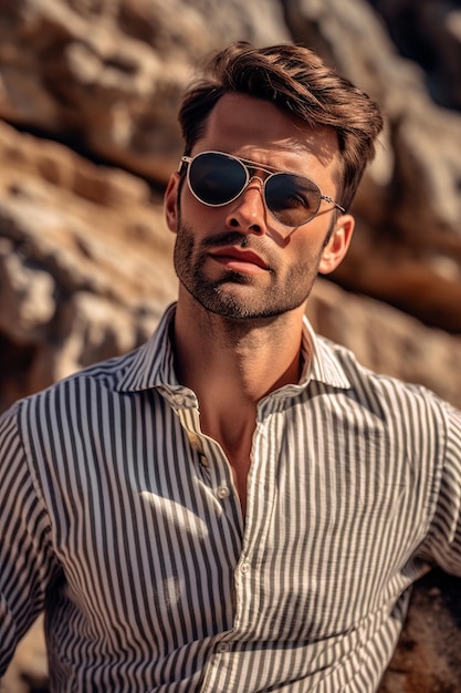 A closeup stock photo of model in shirt and sunglasses on rocks with striped shirt