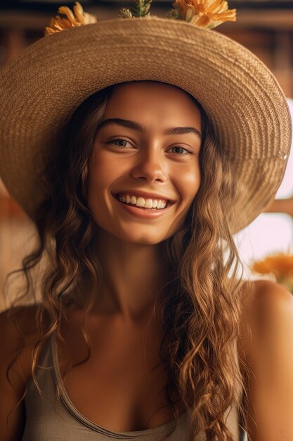 A closeup stock photo of the model in a straw hat is smiling and wearing a flower on her hair