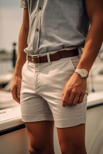 A closeup stock photo of nautical fashion grey shirt summertime white shorts sailing