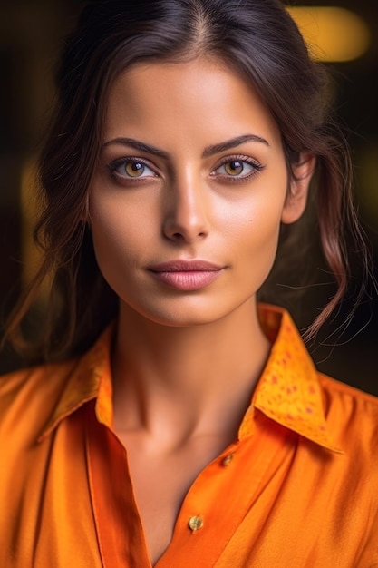 A closeup stock photo of an orange shirt with blue eyes of a pretty lady