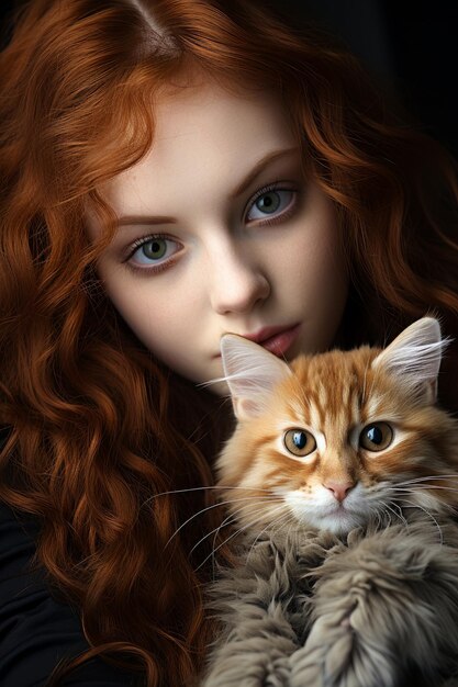 A closeup stock photo of a redheaded girl in cat hug