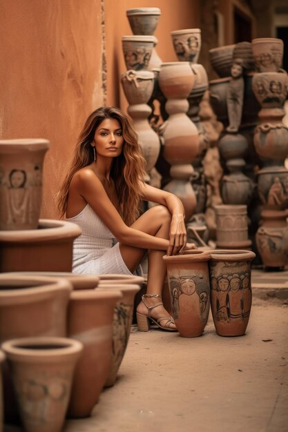 A closeup stock photo of woman posing in front of terracotta pots and other outdoor art objects