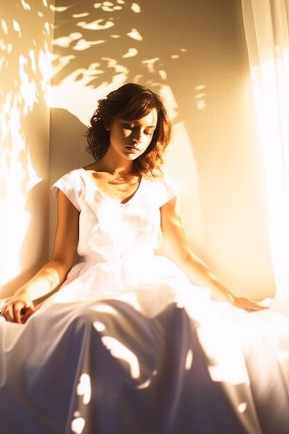 A closeup stock photo of a woman sitting in a white dress