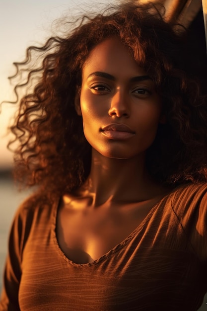 A closeup stock photo of a woman wearing a tan shirt and an ocean behind her