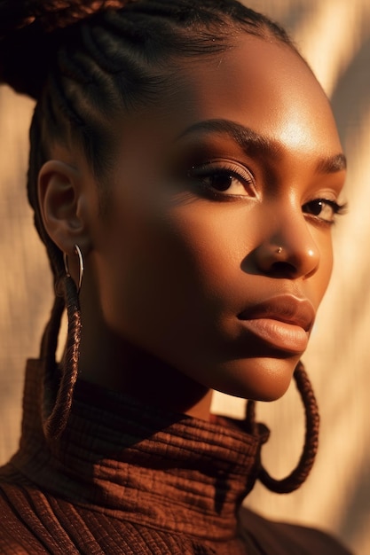 A closeup stock photo of a young black woman with large ponytails