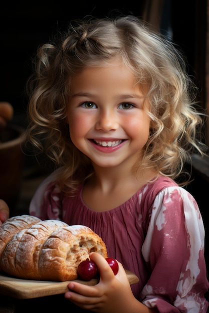 A closeup stock photo of a young girl eating bread with raspberry jam