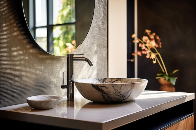 Closeup of Stone vessel sink with mirror in modern bathroom art deco style natural luxury decoration