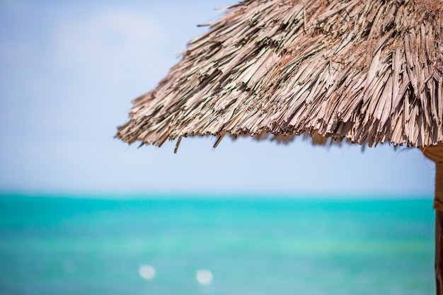 Closeup straw beach umbrella on tropics