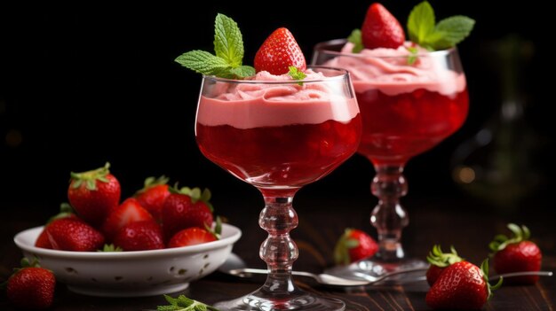 Closeup of strawberry desserts in glass glasses on a black background