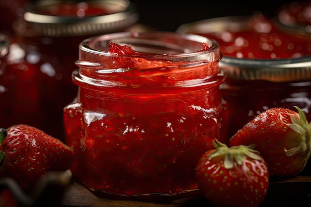 Closeup of strawberry jam with visible chunks of strawberries created with generative ai