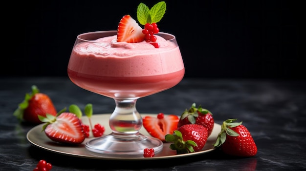 Closeup of Strawberry mousse in a glass glass with berry sauce ice cream on a black background Desserts Confectionery concepts