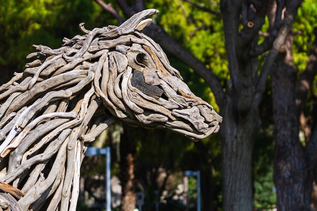 Closeup of street decorations Horse head made of wooden sticks