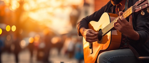 CloseUp of Street Musician Playing Guitar with Beautiful Blurred Background