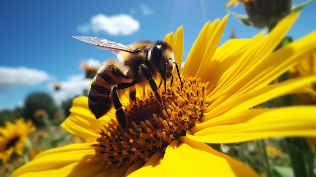 Closeup of a striped bee collecting pollen from a yellow flower on a sunny clear day against a blue sky in summer Nature Insects