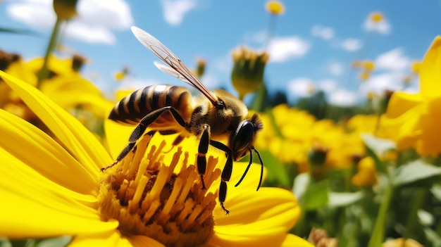 Closeup of a striped bee collecting pollen from a yellow flower on a sunny clear day against a blue sky in summer