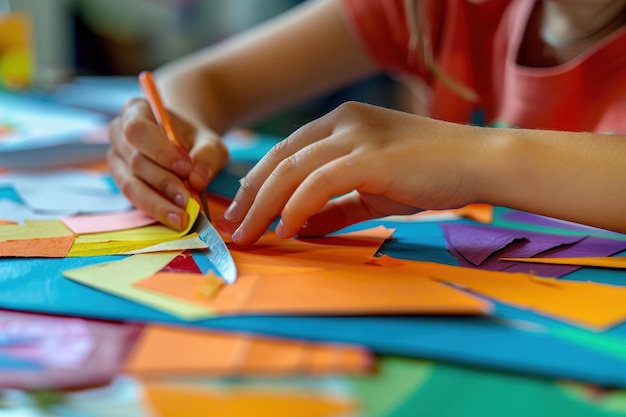 A closeup of a students hands carefully cutting paper shapes for a craft project